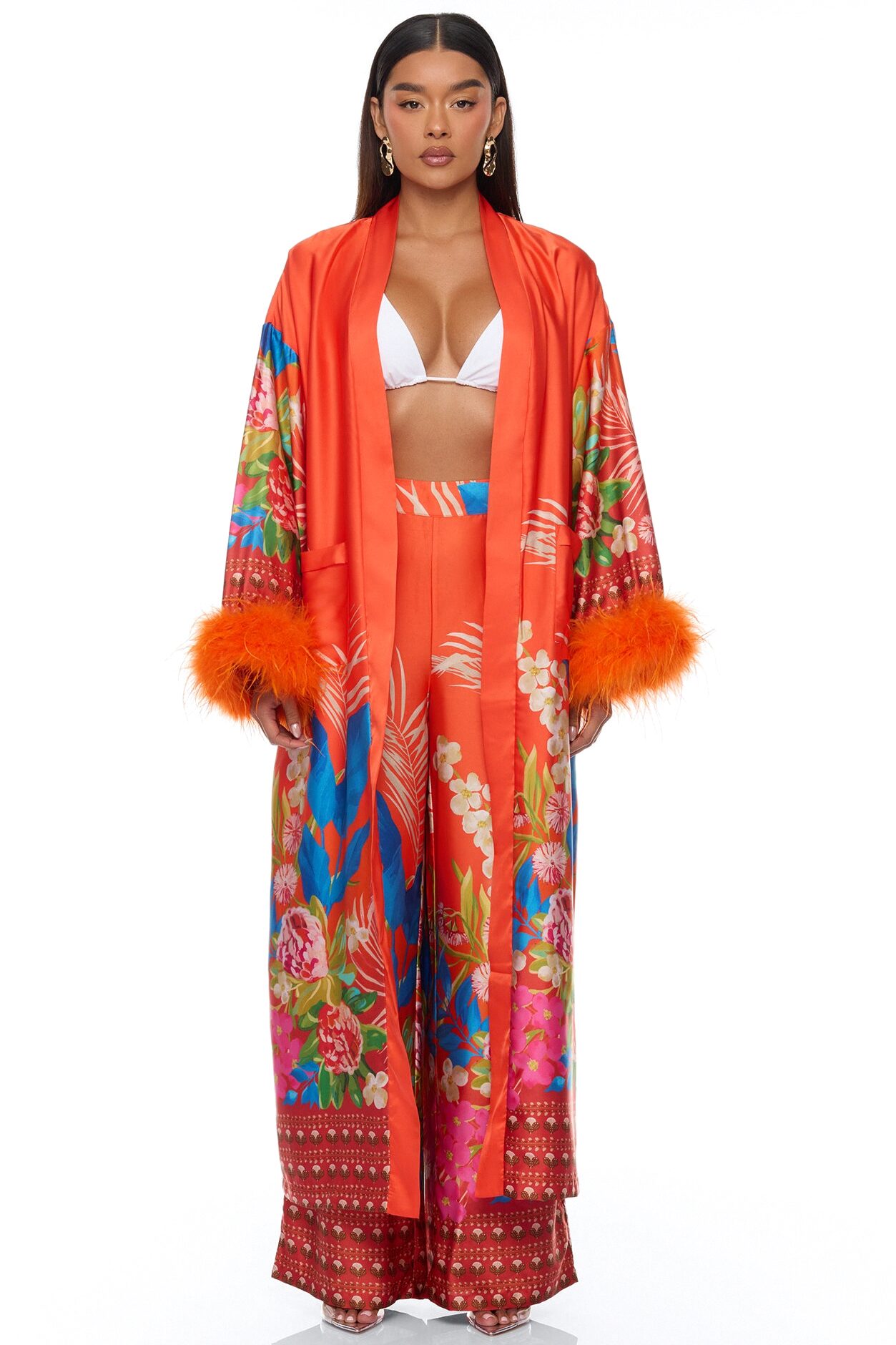 Kassidy Feathered Satin Pant 2 Piece Set - Orange