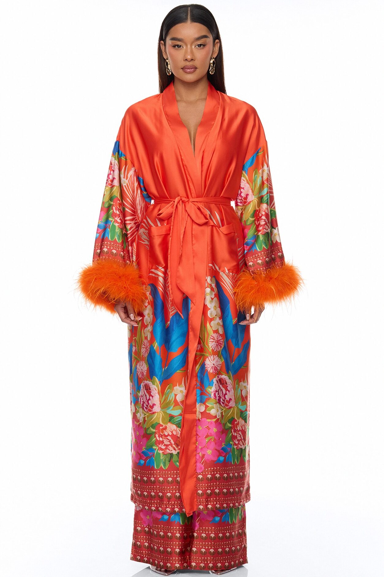 Kassidy Feathered Satin Pant 2 Piece Set - Orange