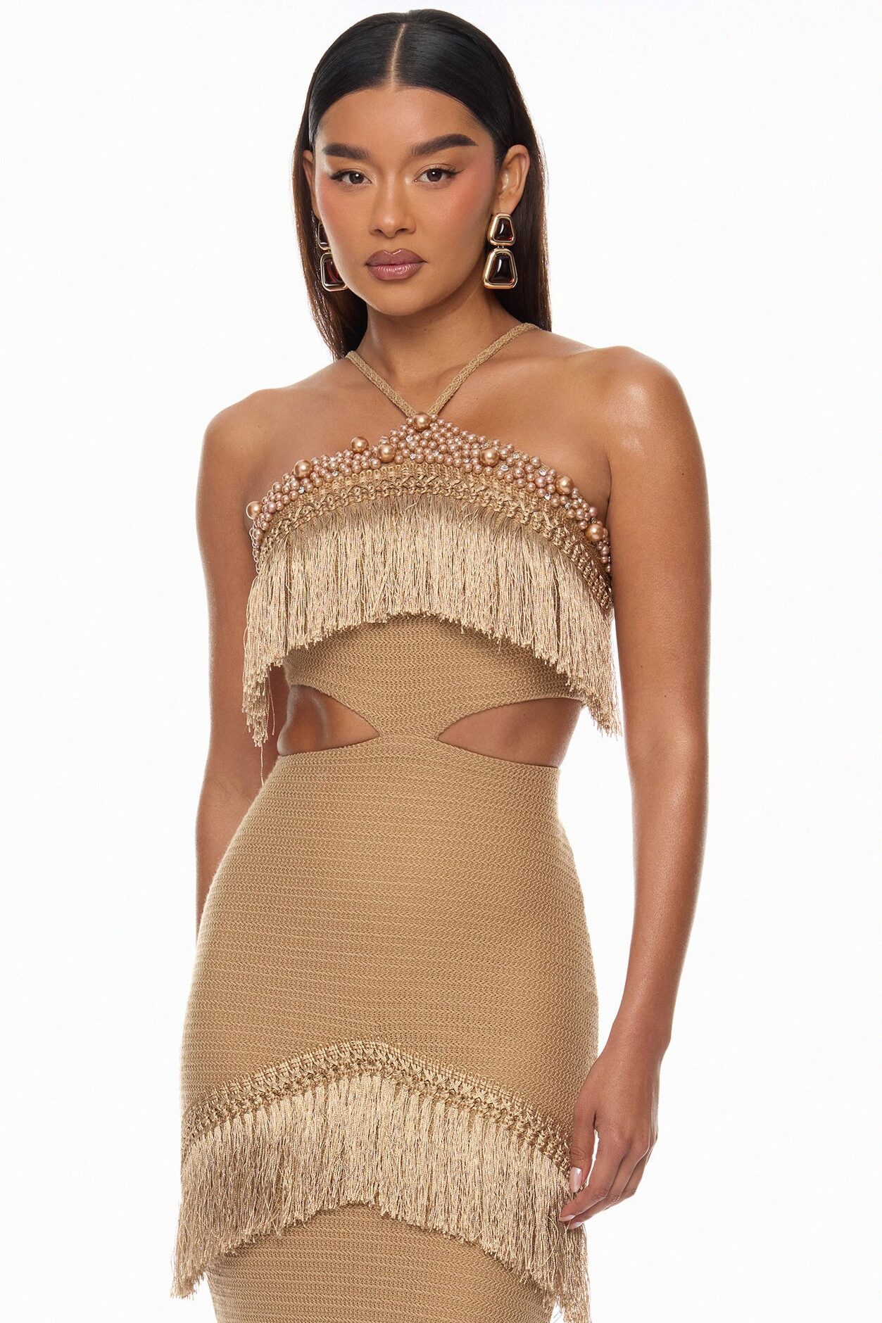 Mika Embellished Fringe Crochet Maxi Dress - Brown