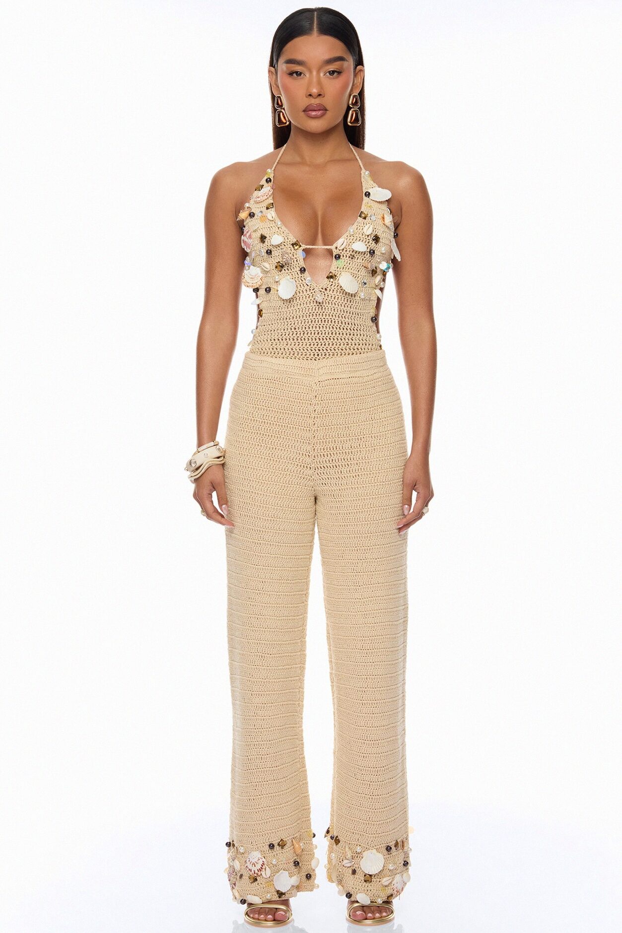 Off The Grid Crochet Sunsuit Pant 2 Piece Set - Sand