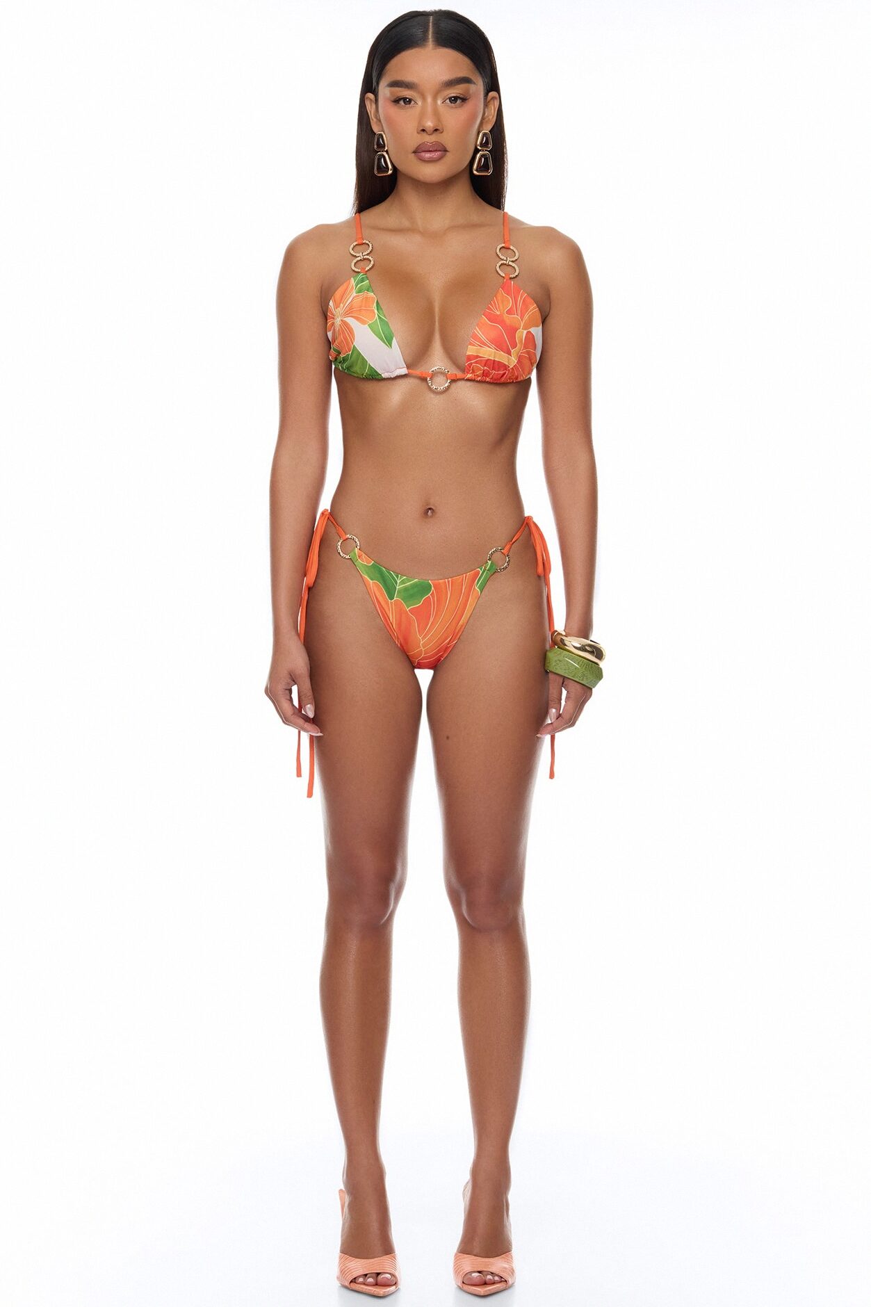 Tropic Oasis Vacation Kimono Bikini 3 Piece Set - Orange/combo