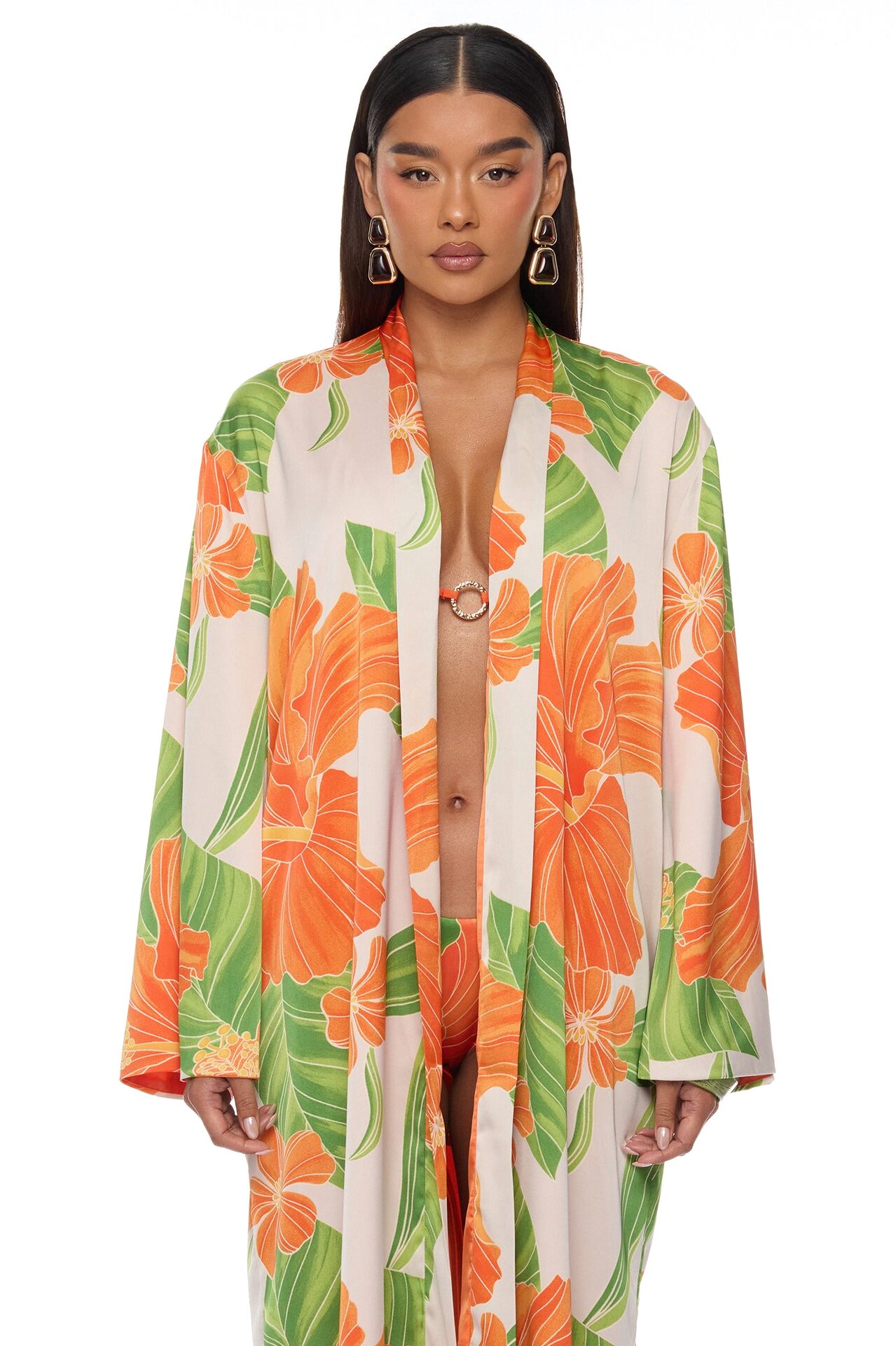 Tropic Oasis Vacation Kimono Bikini 3 Piece Set - Orange/combo