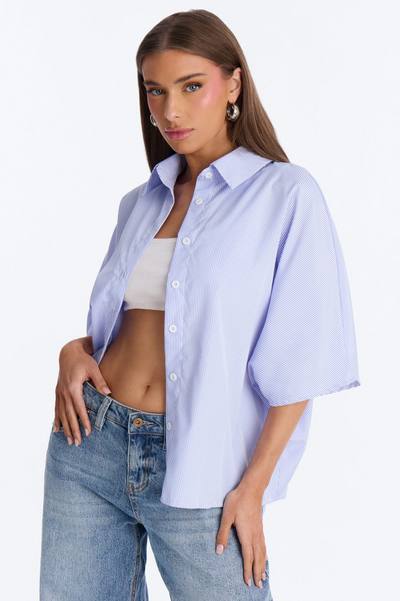 Quinn Tie Back Pinstripe Poplin Top - Blue/combo