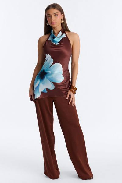 Short Greta Satin Floral High Neck Jumpsuit - Chocolate