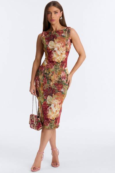 Brittany Floral Jacquard Midi Dress - Burgundy/combo