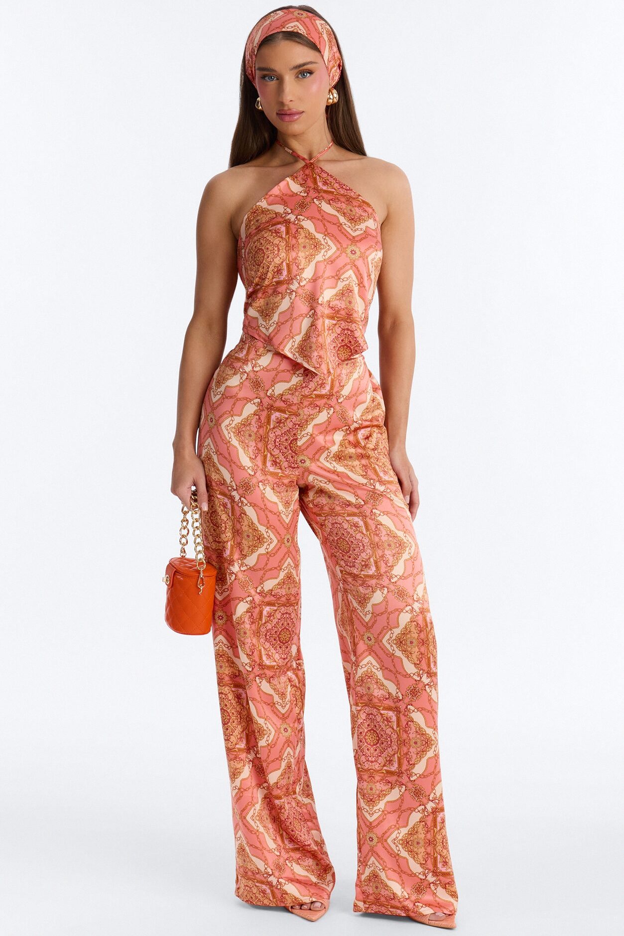 Nadia Satin 3 Piece Pant Set - Coral/combo