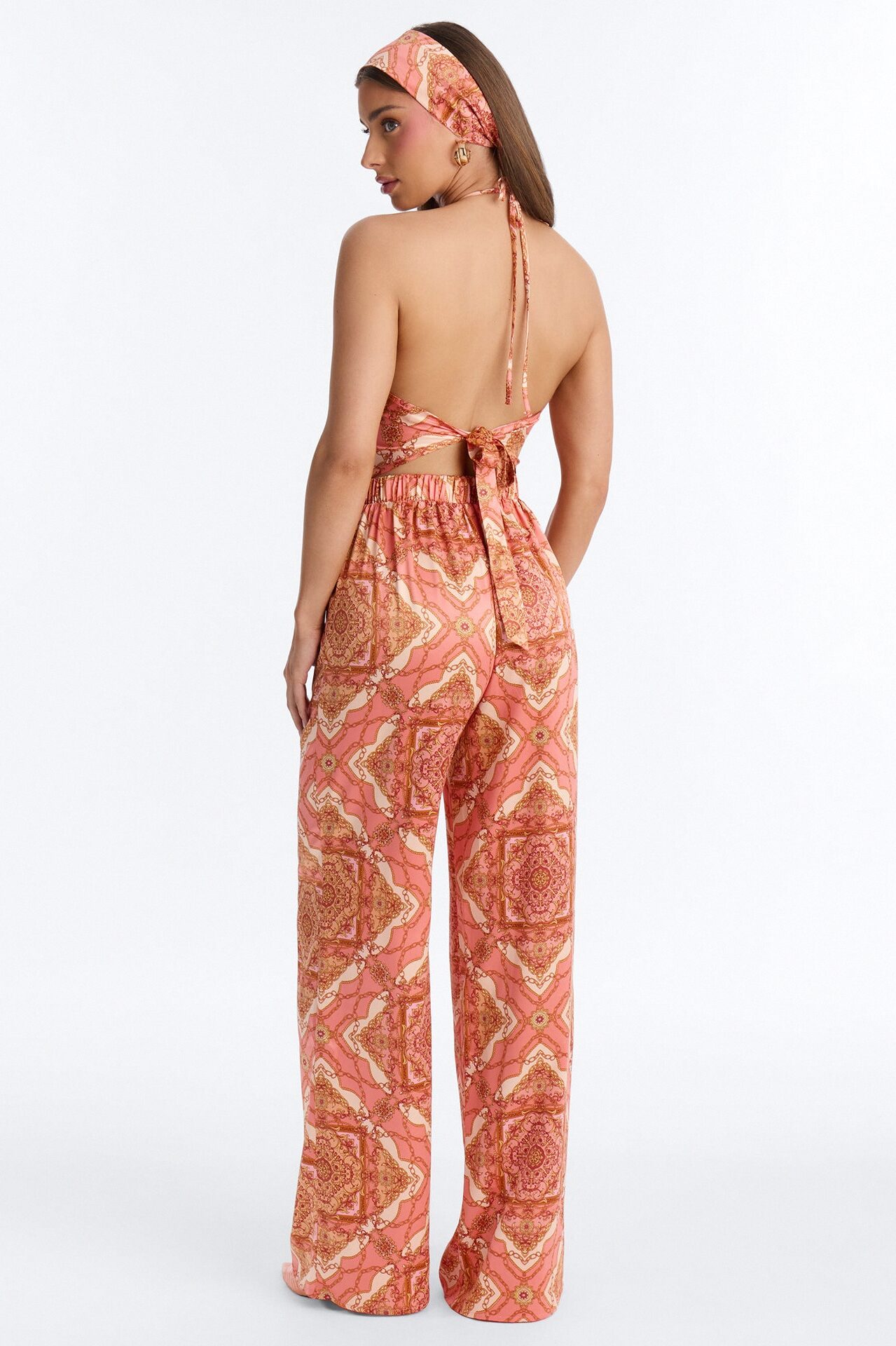Nadia Satin 3 Piece Pant Set - Coral/combo