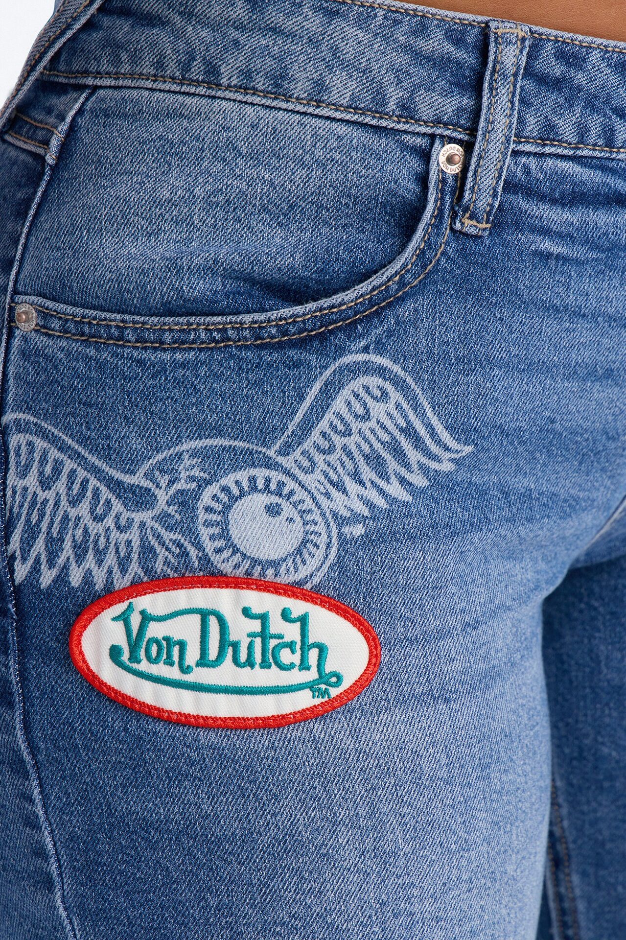 Von Dutch Flame Print Straight Leg Jeans - Medium Wash