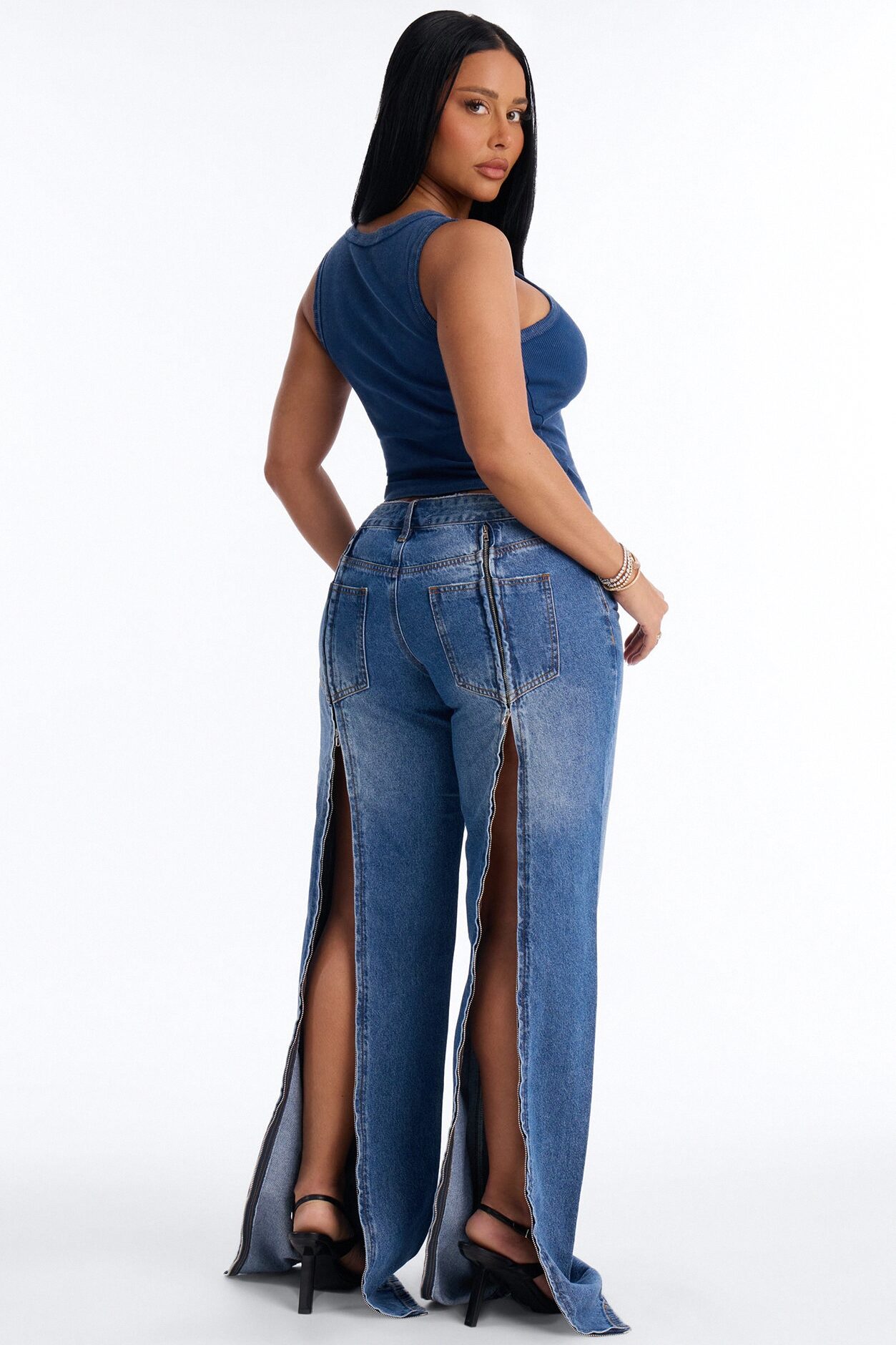 Annie Acid Washed Ribbed Crew Neck Tank Top - Navy