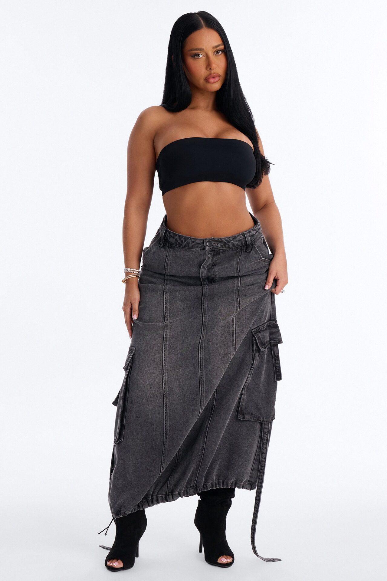 Cool Girl Low Rise Denim Cargo Jogger Maxi Skirt - Charcoal