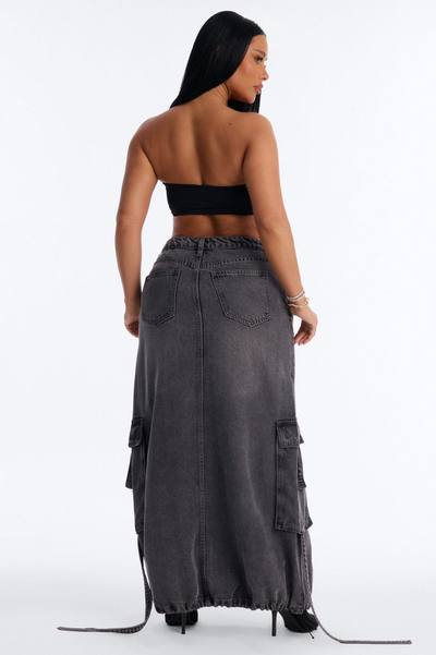 Cool Girl Low Rise Denim Cargo Jogger Maxi Skirt - Charcoal