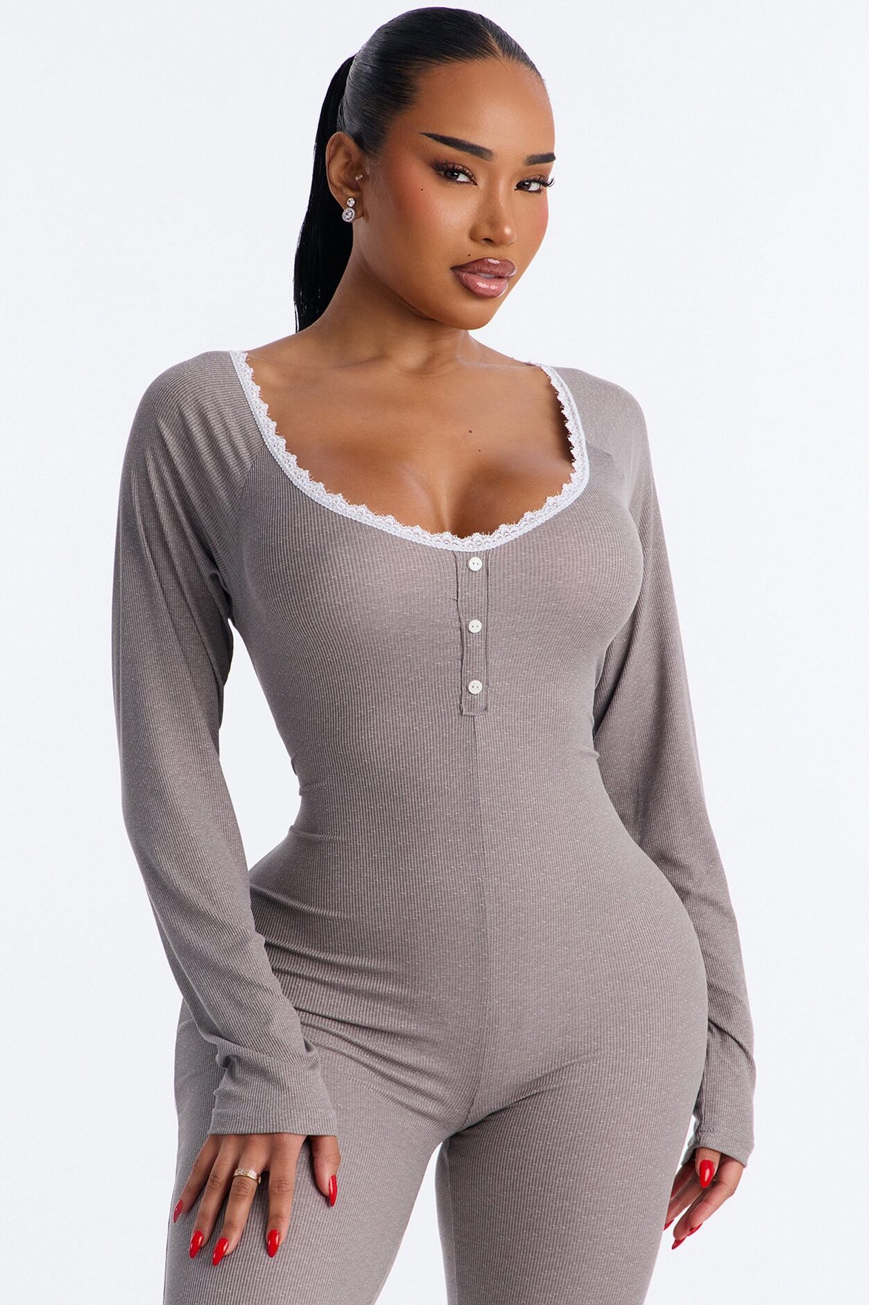 Stay In With Me Ribbed Henley PJ Jumpsuit Onesie - Charcoal