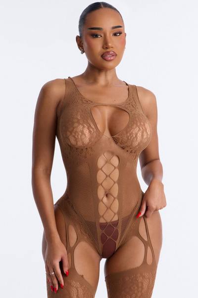 Gina Knit Crotchless Jumpsuit Bodystocking - Brown