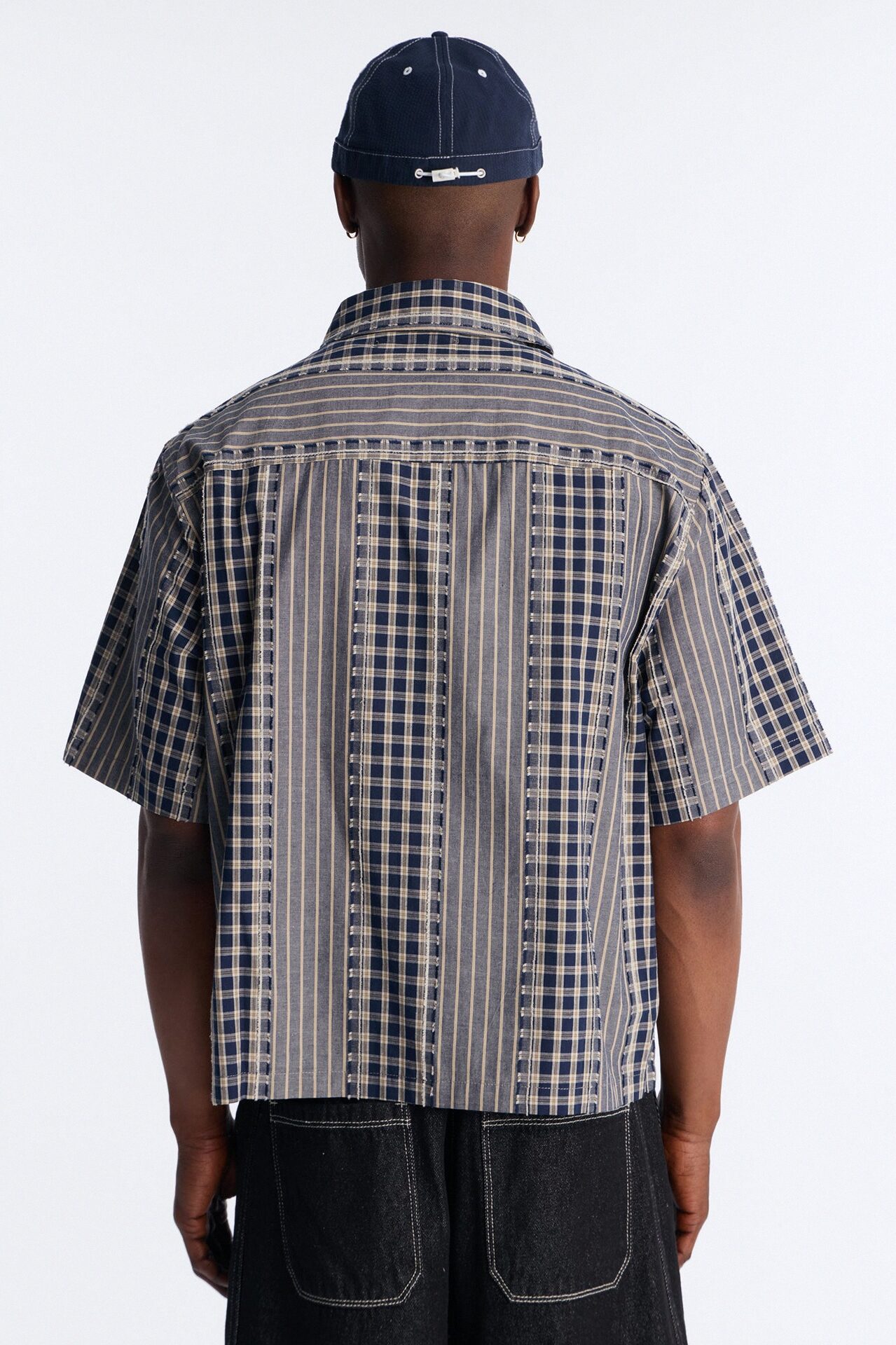 Relaxed Cropped Creekside Stripe Distressed Button Up Shirt - Navy