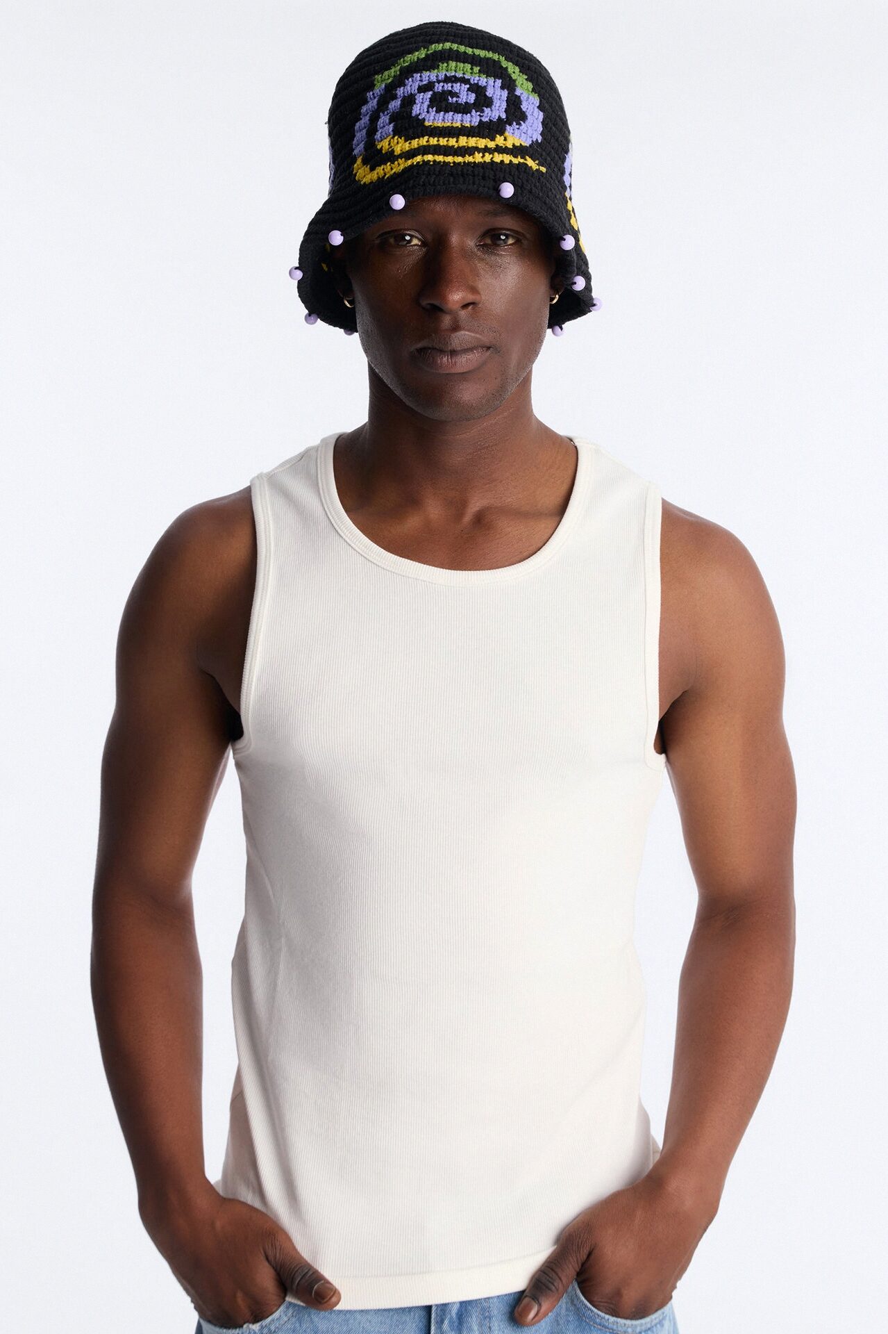 Swirl Crochet Knit Bucket Hat - Black