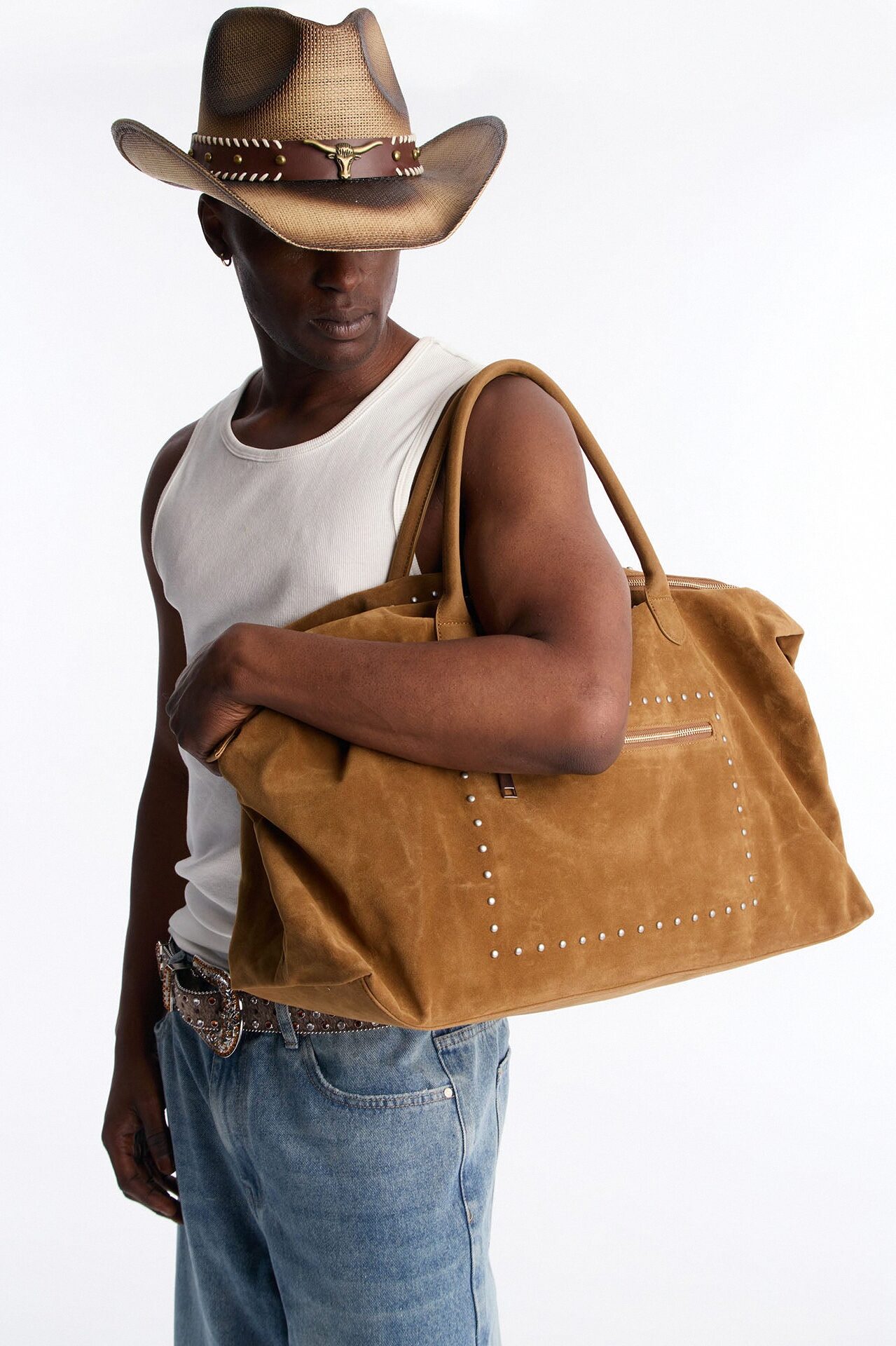 Faux Suede Studded Weekender Bag - Camel