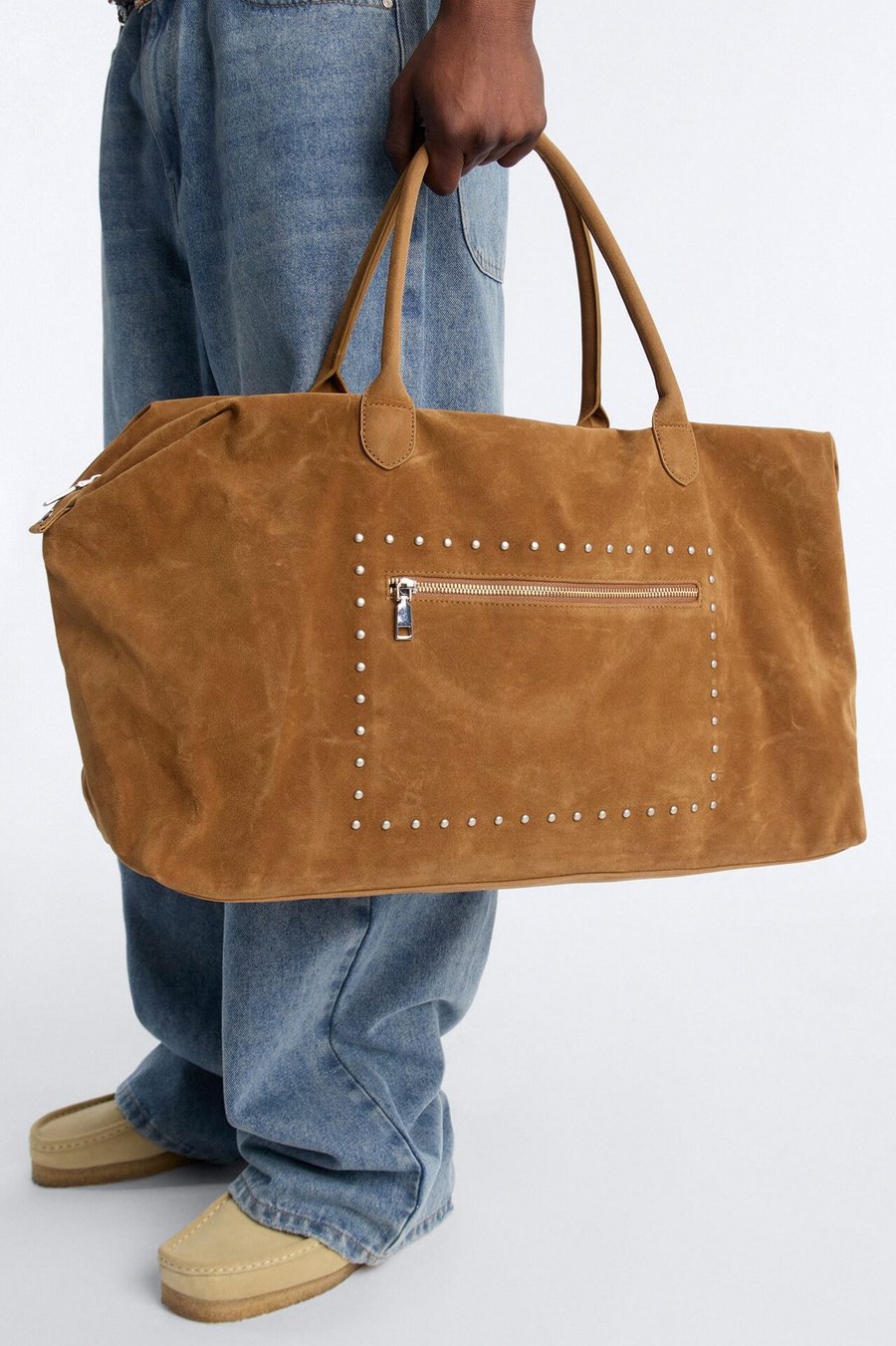 Faux Suede Studded Weekender Bag - Brown