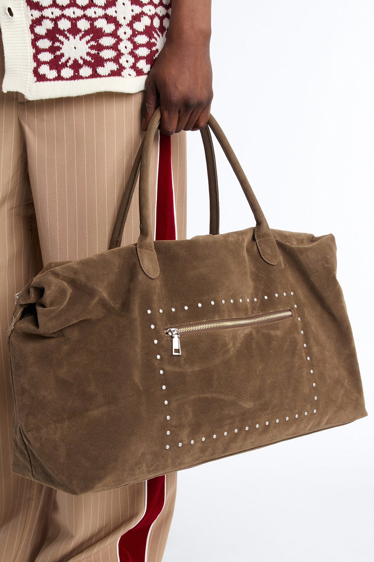 Faux Suede Studded Weekender Bag - Dark Brown