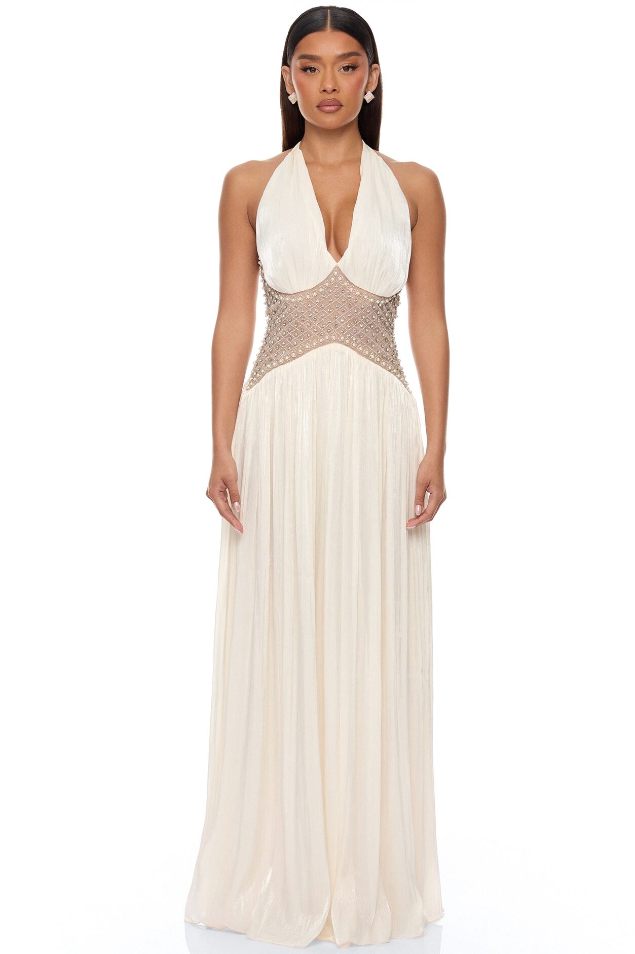 Rhiannon Embellished Halter Maxi Dress - Cream