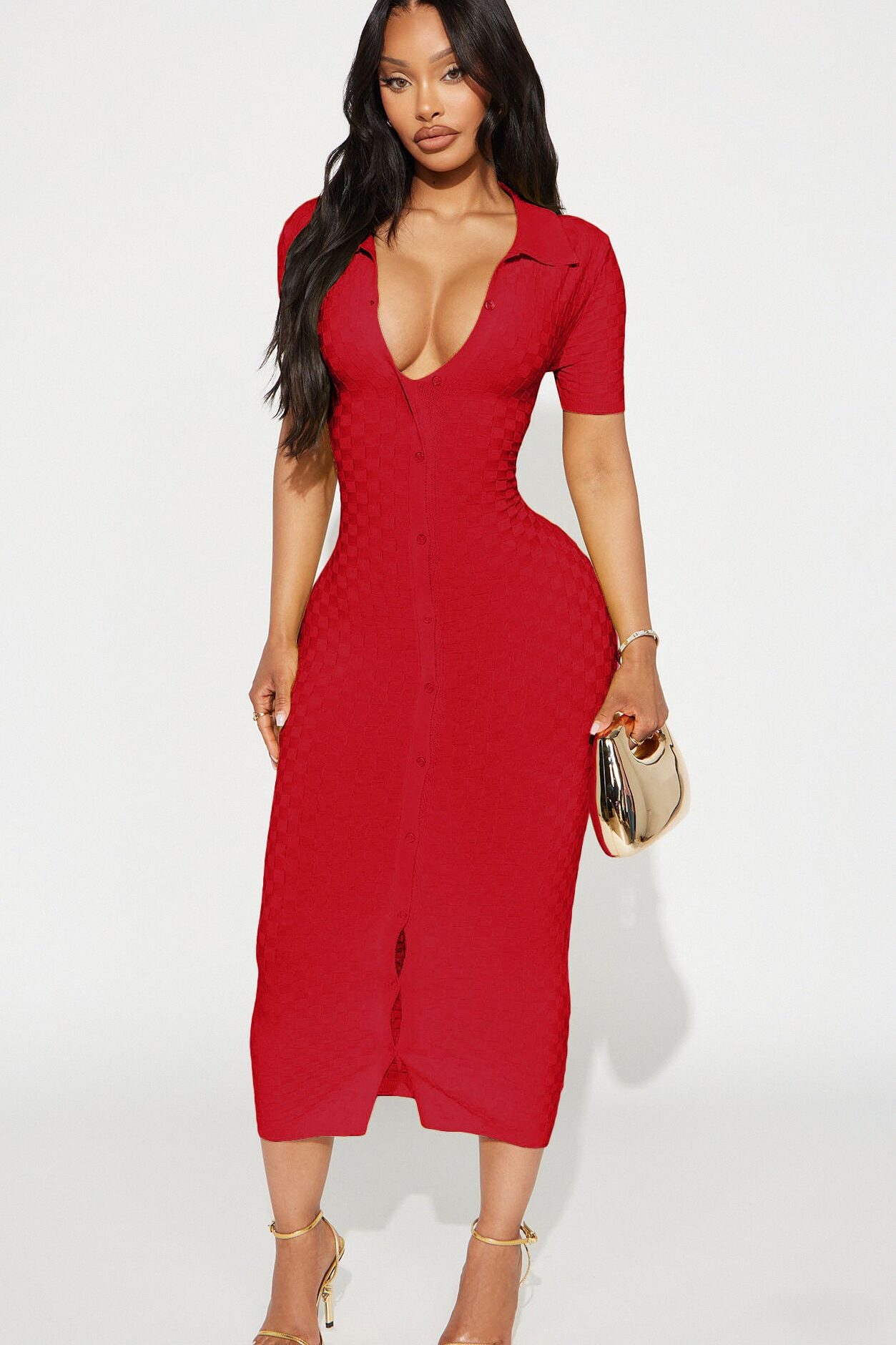 Match My Vibe Checkered Midi Dress - Red