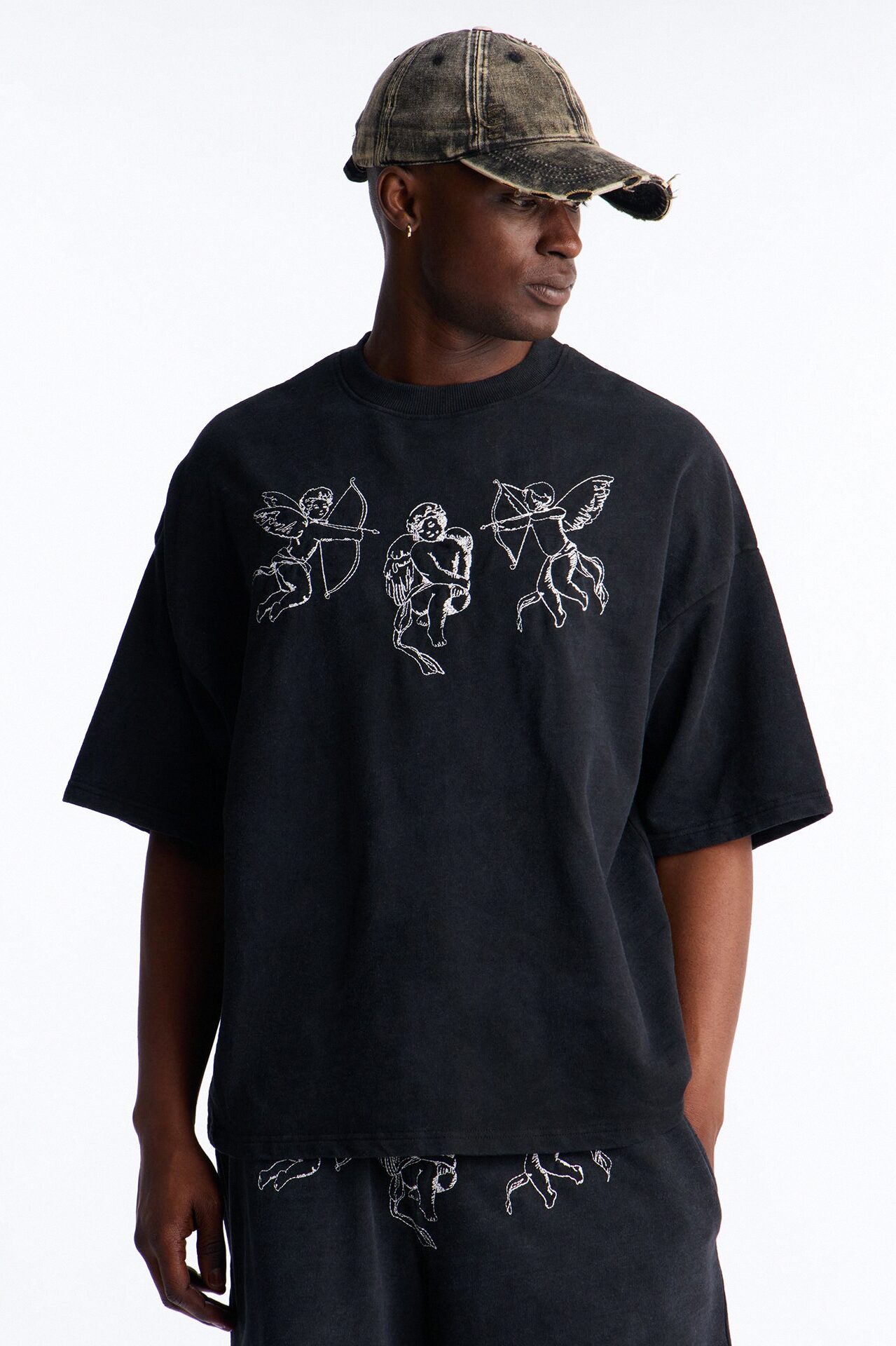 Anti Social Cherub Embroidered Oversized French Terry Tee - Black Wash