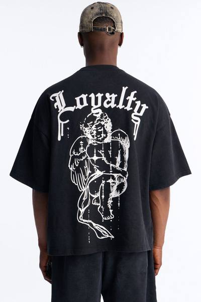 Anti Social Cherub Embroidered Oversized French Terry Tee - Black Wash