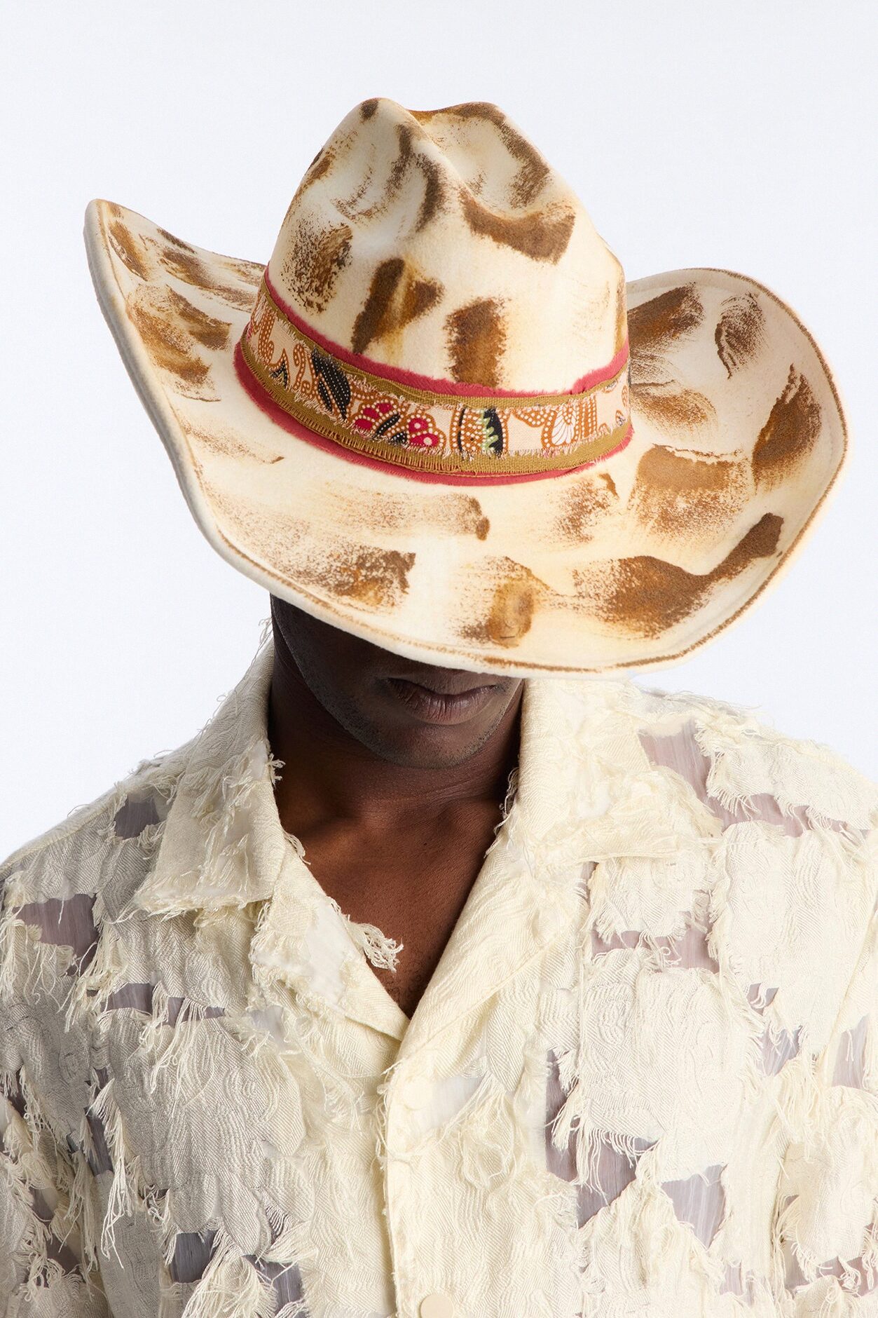 Western Brushed Detail Cowboy Hat - Ivory/combo