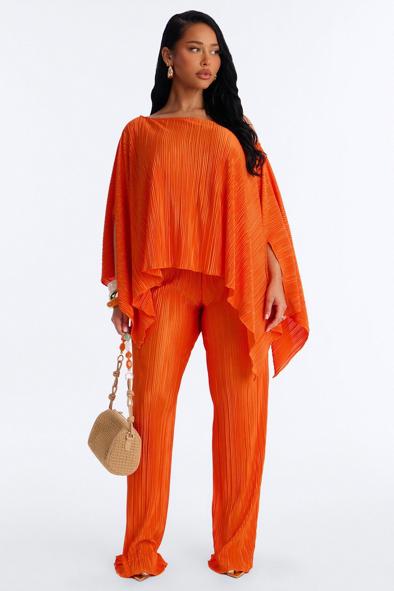 On The Horizon Off Shoulder Plisse Pant Set - Orange