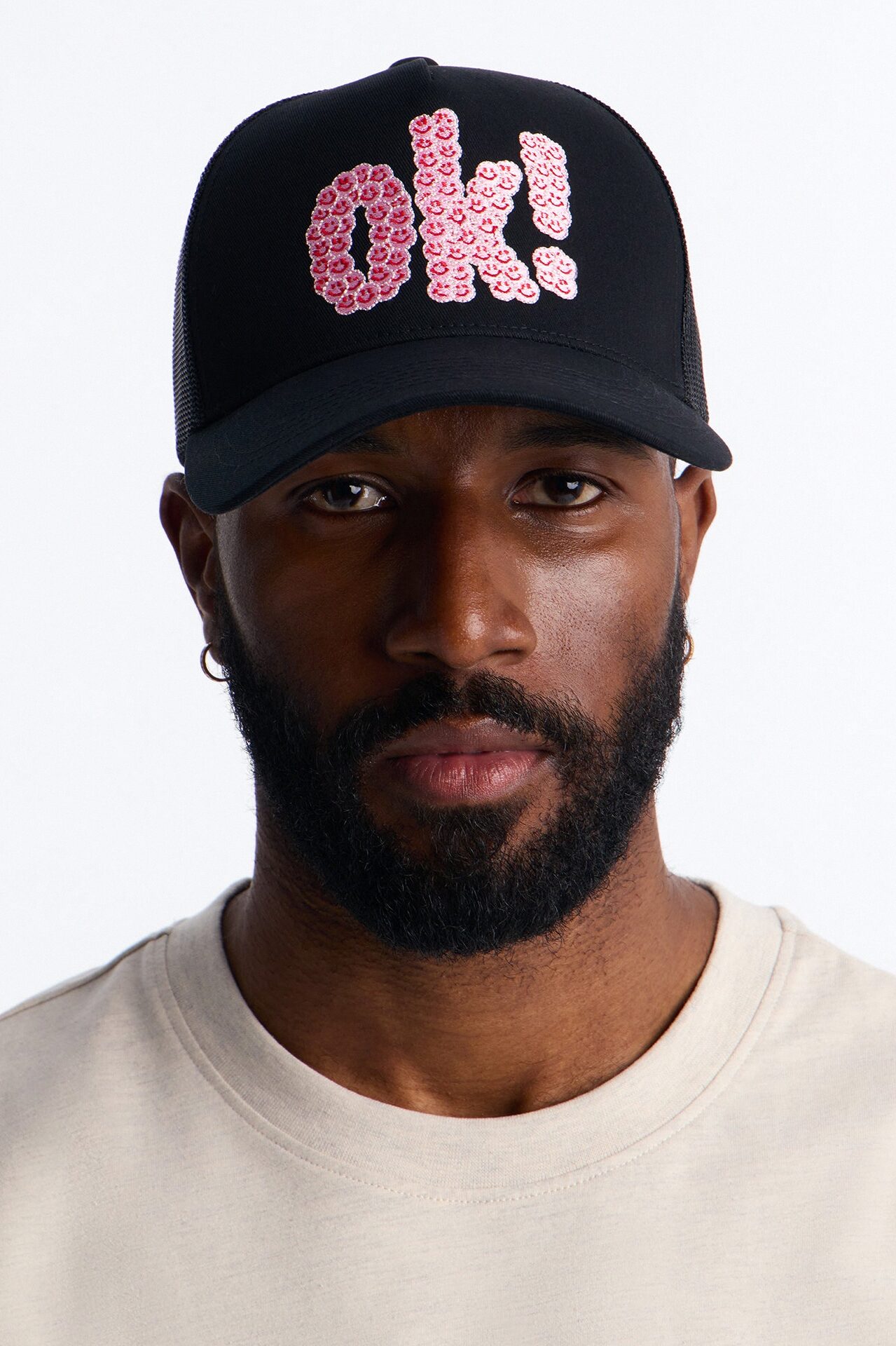 Smiling Ok Patch Snapback Trucker Hat - Black