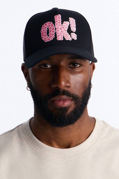 Smiling Ok Patch Snapback Trucker Hat - Black