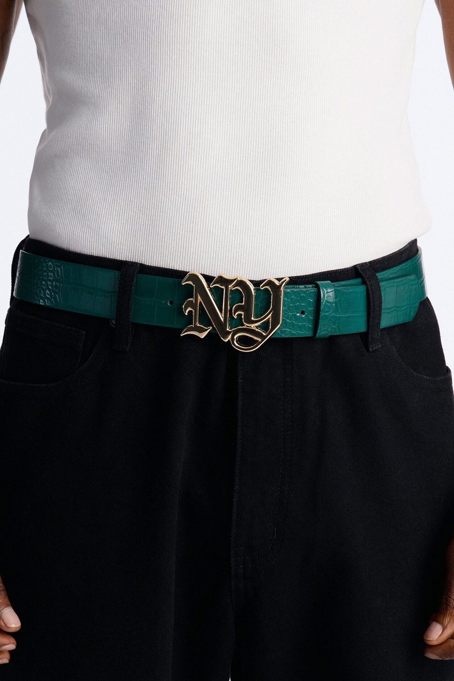 NY Initial Buckle Crocodile Embossed Faux Leather Belt - Gold