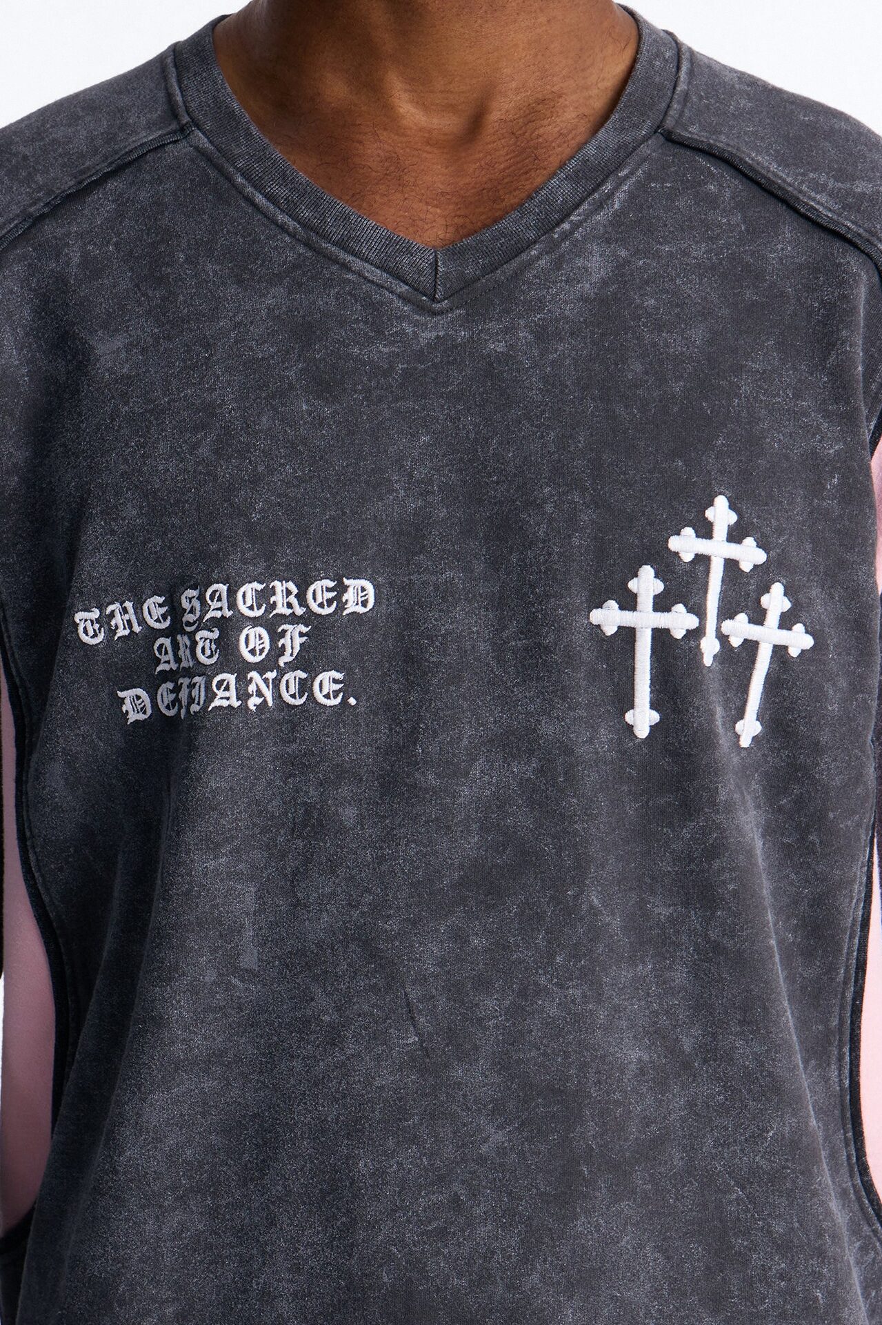 Sacred Embroidery Paneled Fleece Tee - Black