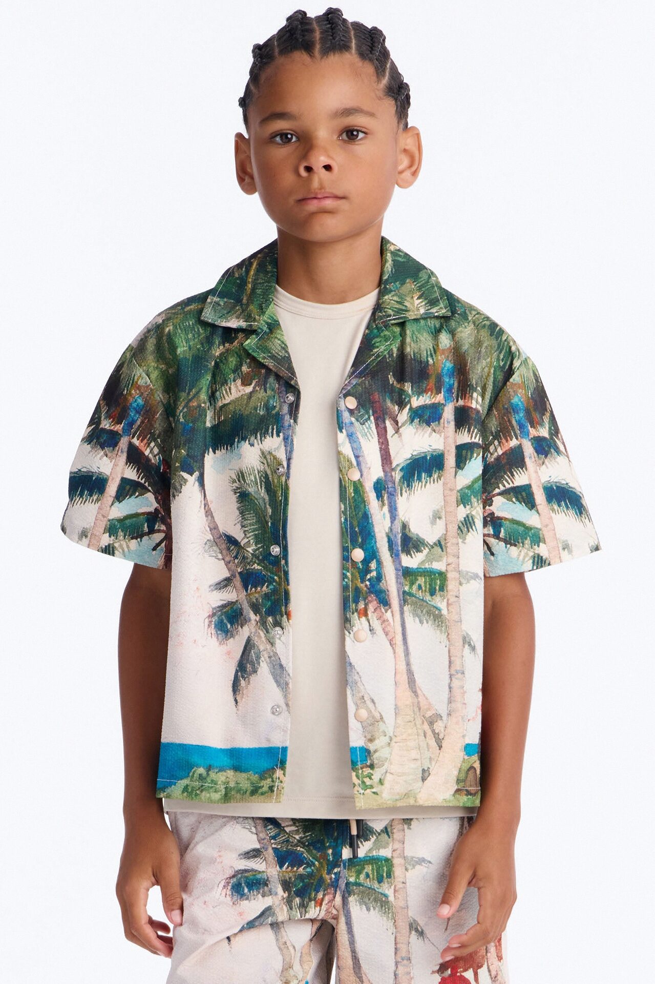 Mini Tropical Get Away Printed Seersucker Cuban Collar Button Up Shirt - Multi Color