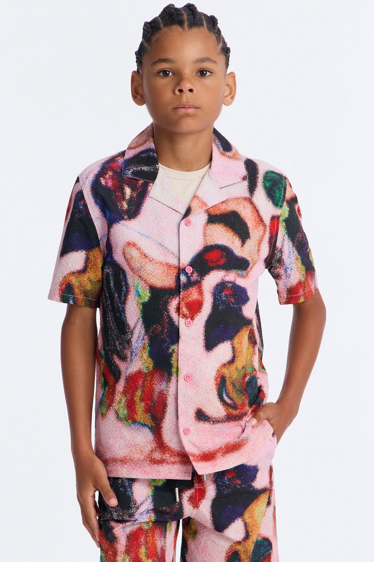 Mini Relaxed Euphoric Blur Seersucker Cuban Button Up Shirt - Multi Color