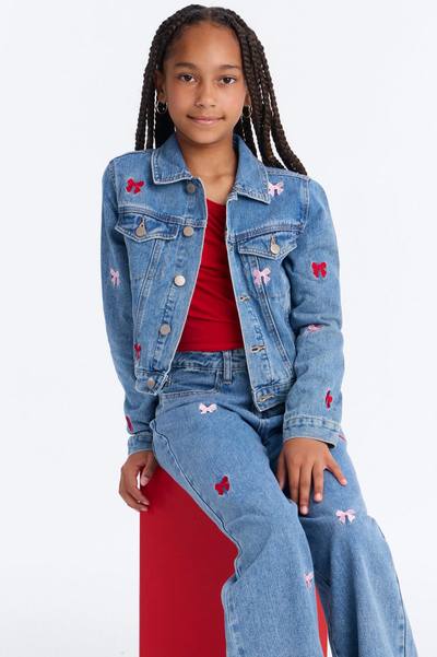 Mini Clara Embroidered Bow Denim Jacket - Light Wash