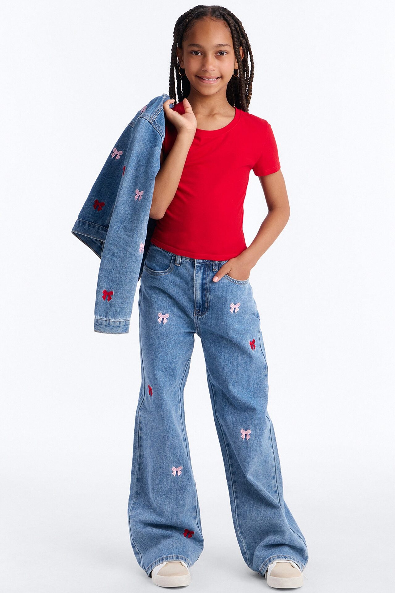 Mini Clara Embroidered Bow Straight Leg Jeans - Light Wash