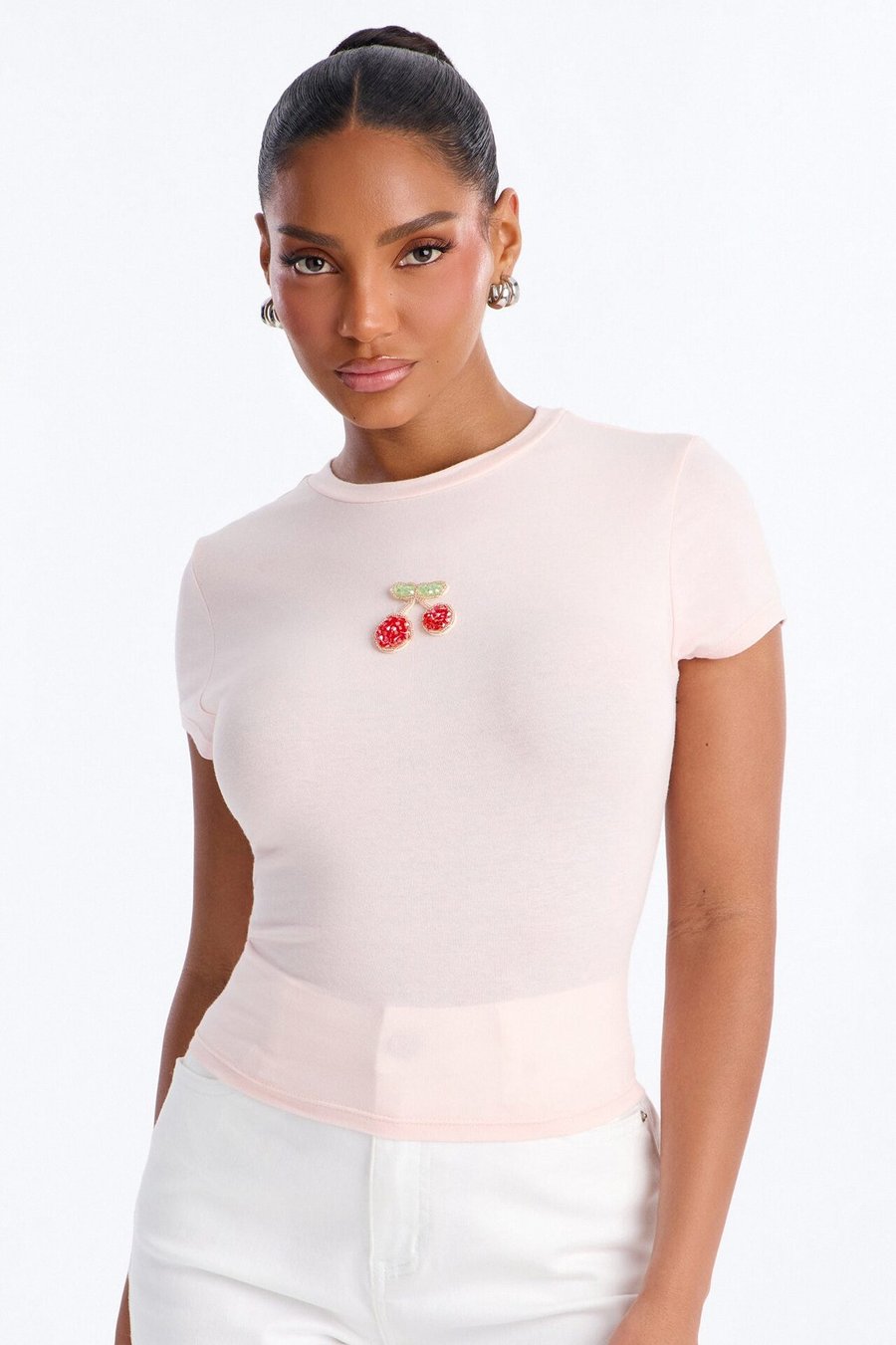Cherry Embellished Baby Tee - Pink