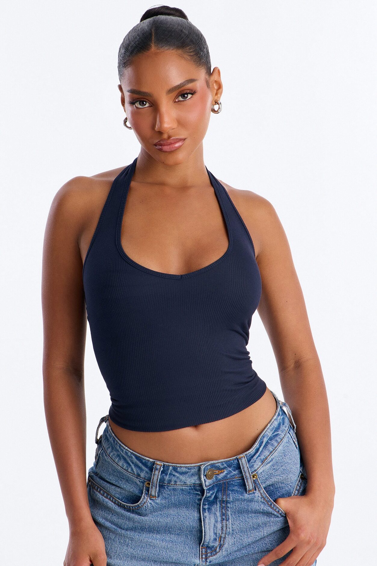 Holly Built In Bra Cup Halter Top - Navy