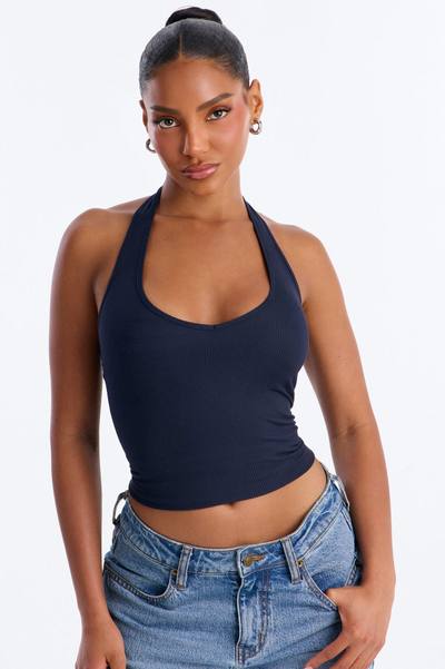 Holly Built In Bra Cup Halter Top - Navy
