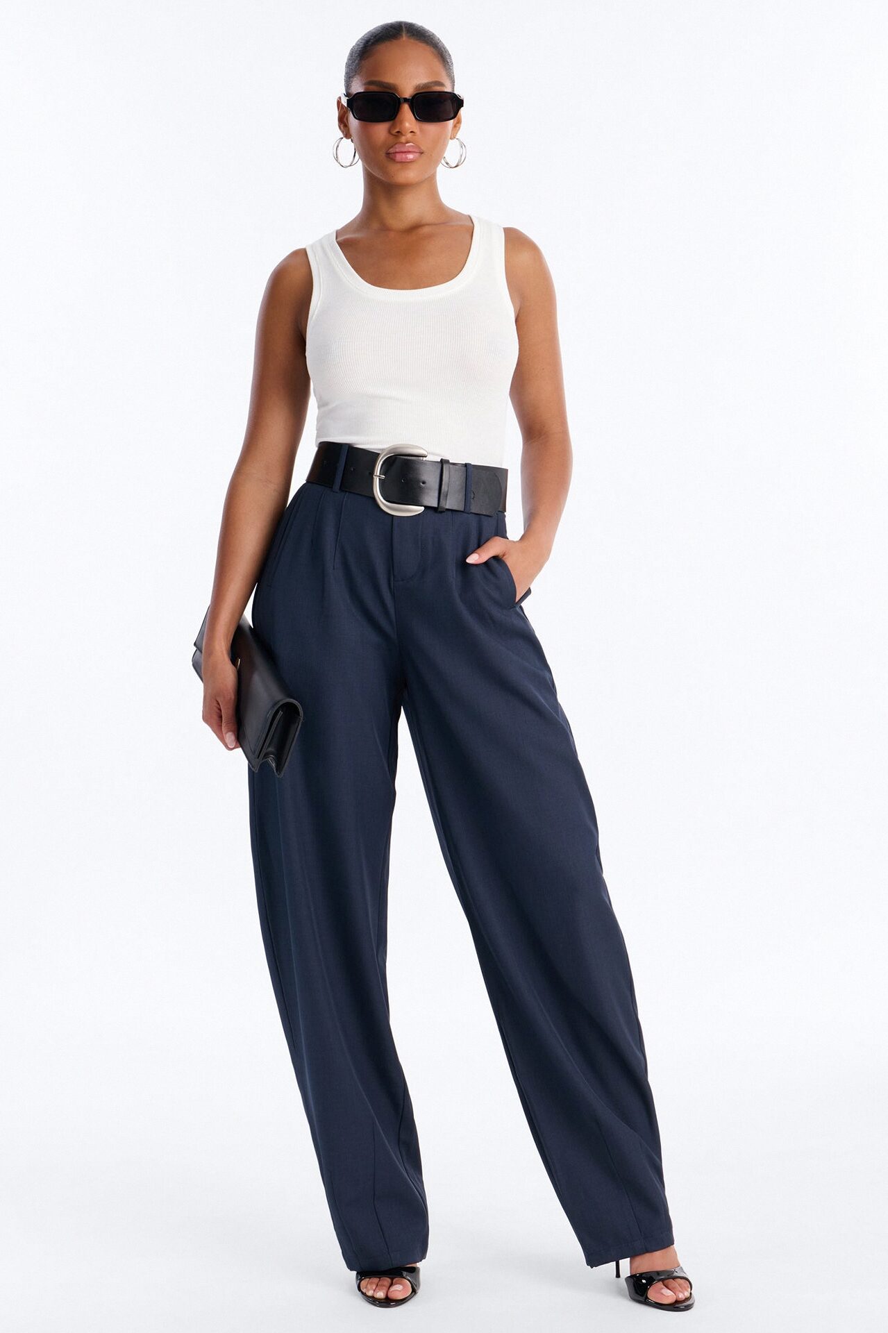 Rebecca Belted Barrel Trouser Pants - Navy