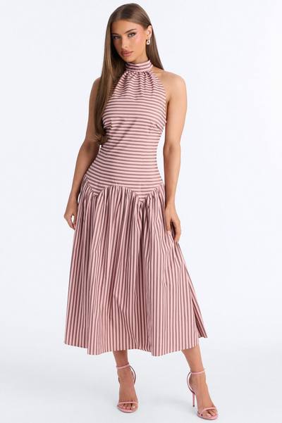 Clara Pleated Striped Midi Dress - Pink/combo