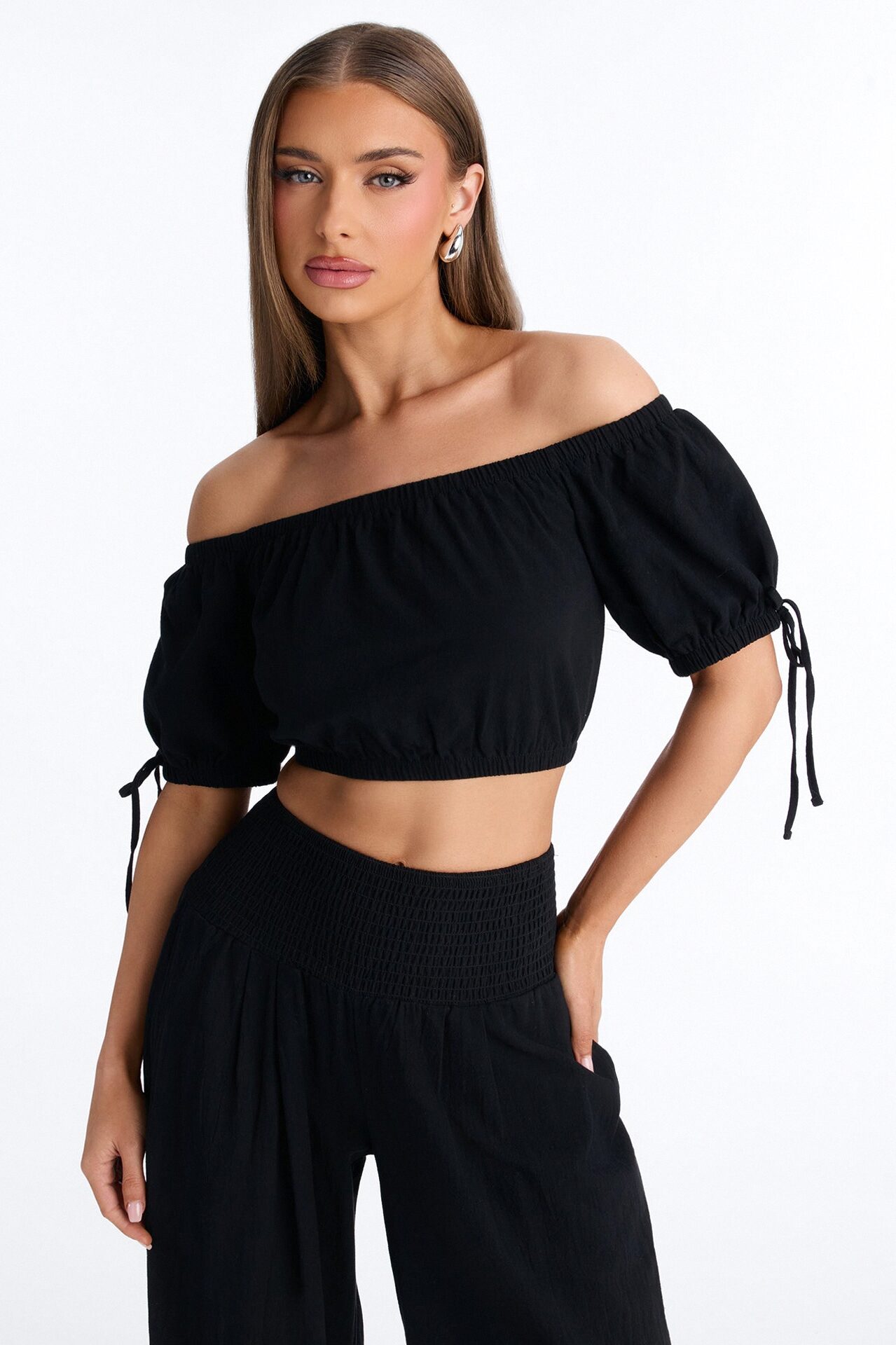 Chrissie Linen Smocked Pant Set - Black