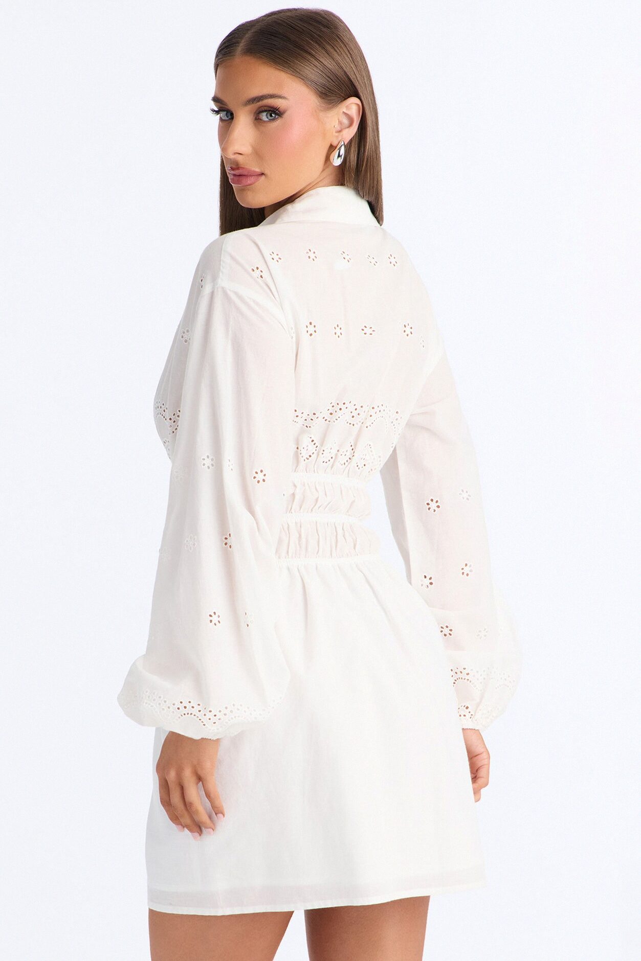 Elsie Long Sleeve Eyelet Mini Dress - White