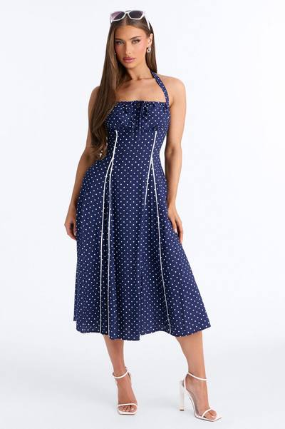 Heidi Polka Dot Linen Midi Dress - Navy/combo