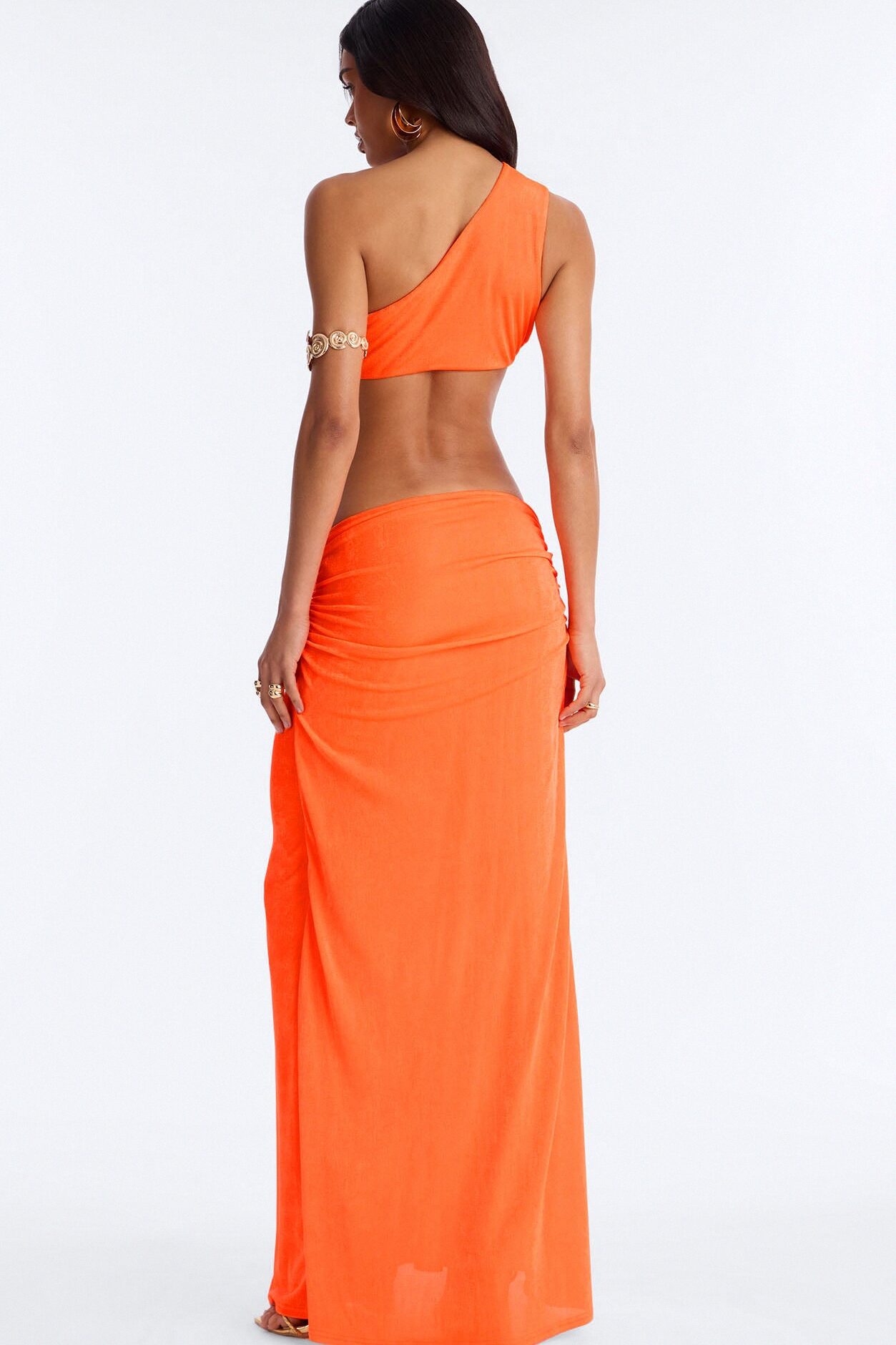 Hibiscus Honey Cut Out Slinky Maxi Dress - Neon Orange
