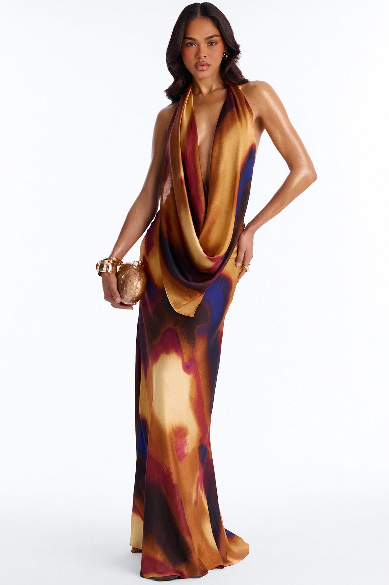 Heat Check Cowl Neck Satin Maxi Dress - Plum/Multi