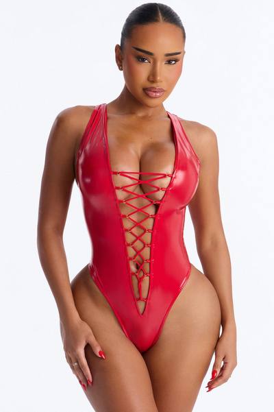 Wet Look Kink Stretch Lace Up Thong Bodysuit - Red