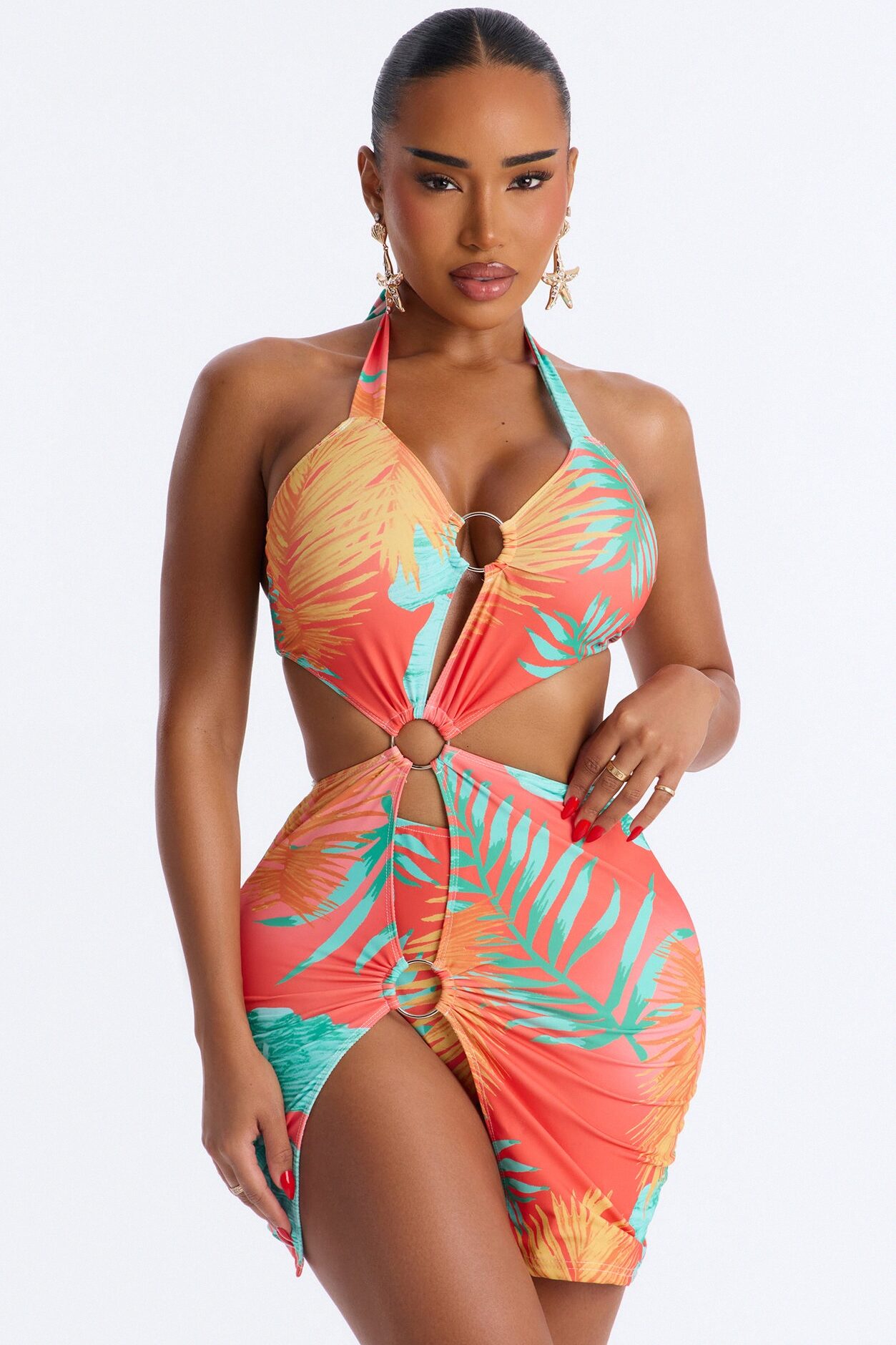 Sunset Sips Swim Cover Up Dress With Attached Bikini Bottom - Multi Color
