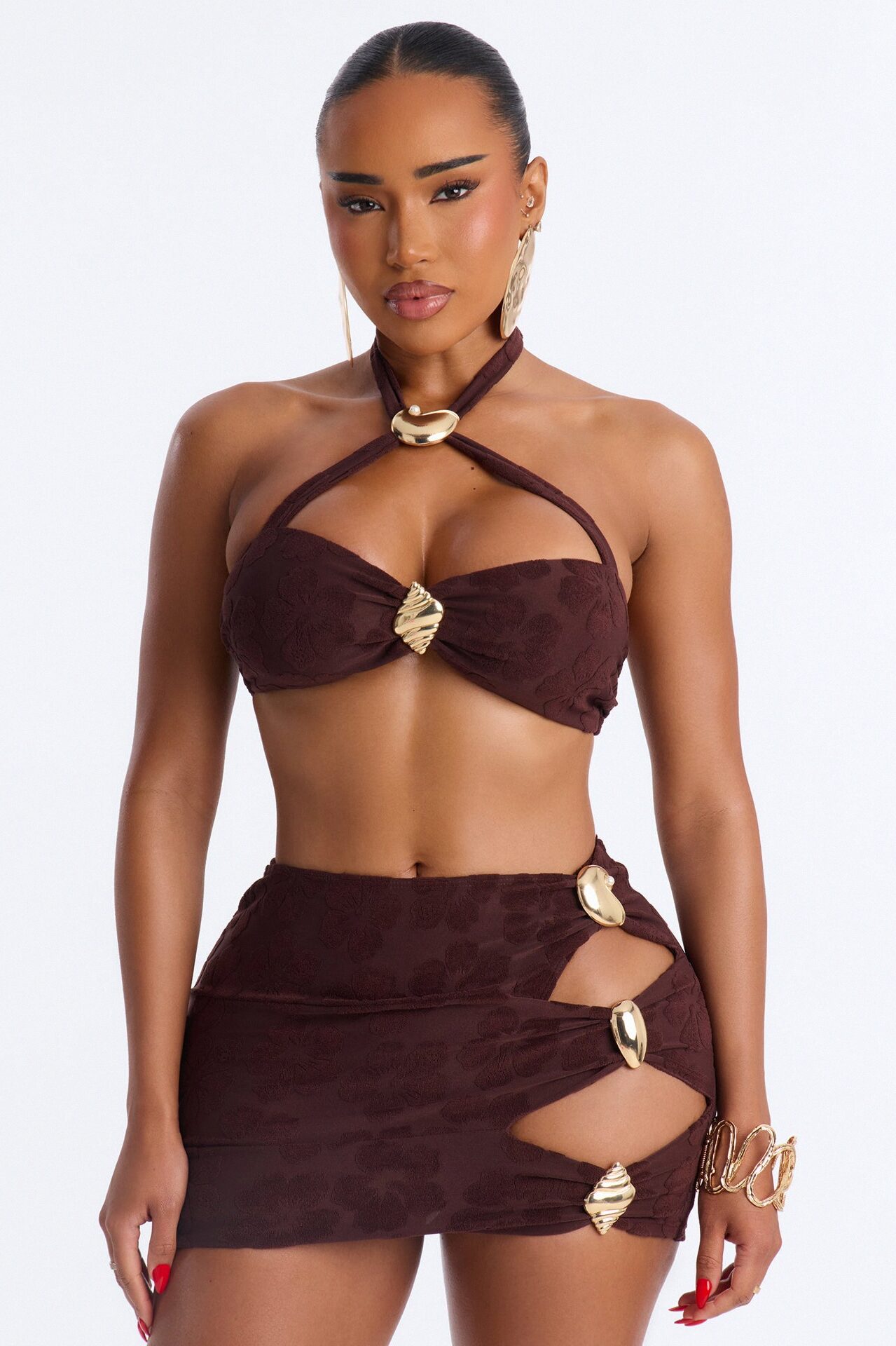 Coconut Drip Textured Hibiscus 3 Piece Bikini Skirt Set - Brown