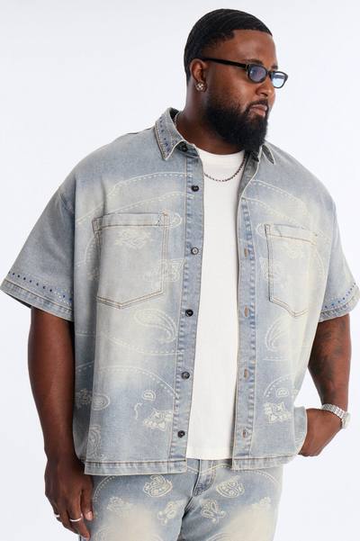 Rhinestone Bandana Boxy Denim Button Up Shirt - Light Blue Wash